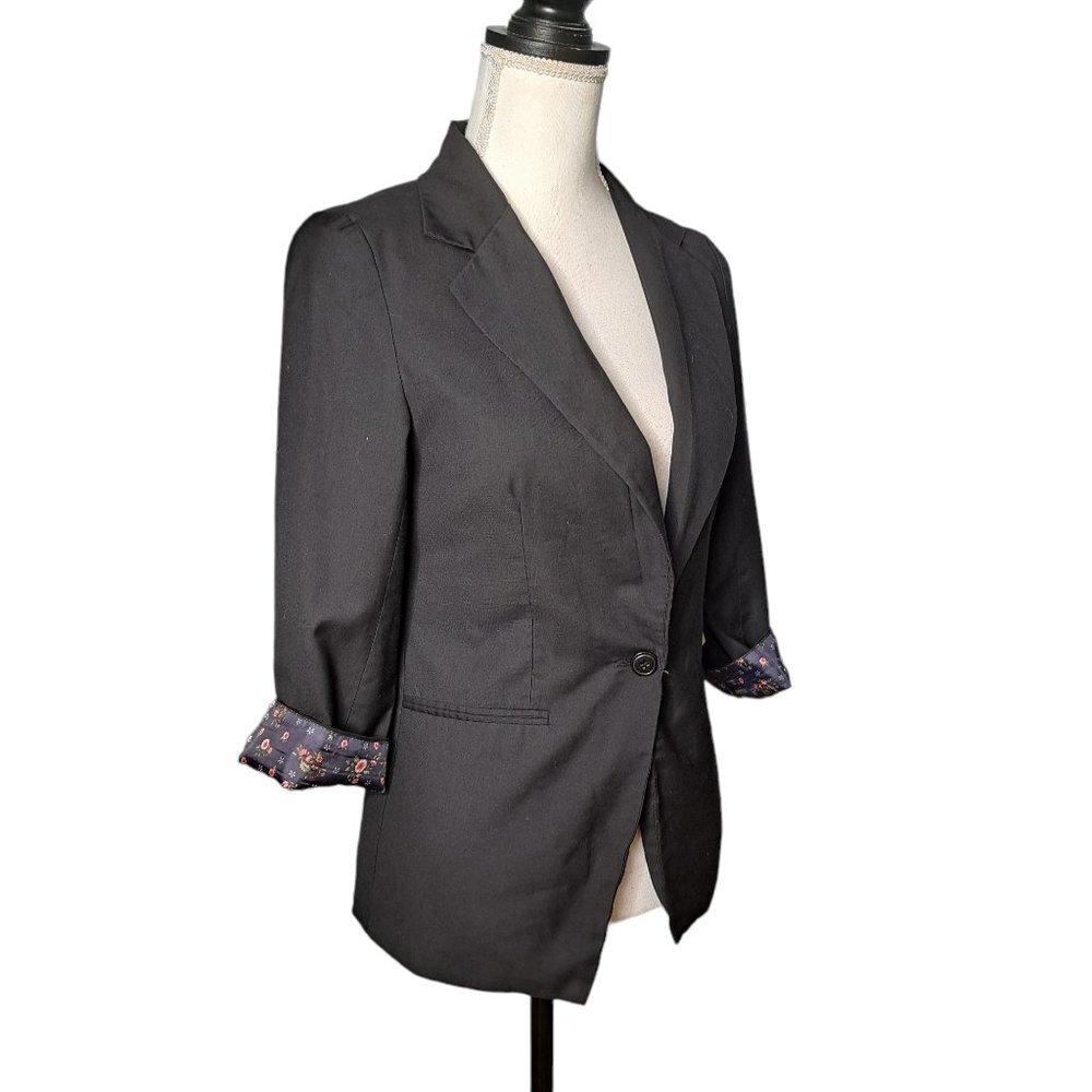 Doki Geki Women's Black 1 Button Dress Blazer with Floral Lining Size Medium